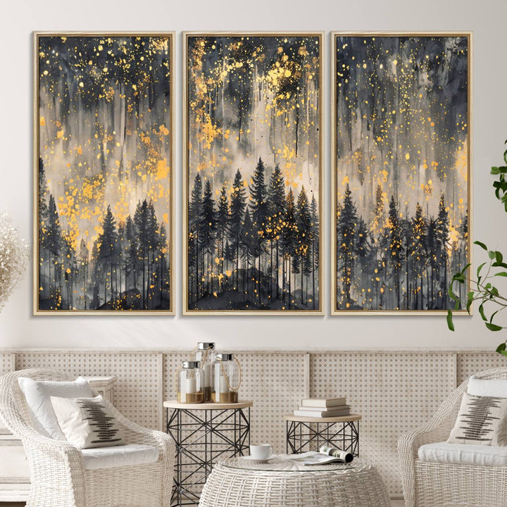 46049-MGV-CV-36X24-Golden Forest Abstract Wall Art | Dark Forest with Gold Splatter Accents | Triptych Ready to Hang Canvas Print for Modern Home Decor
