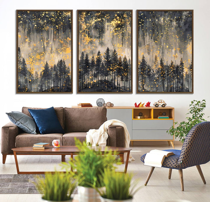 46049-MGV-CV-36X24-Golden Forest Abstract Wall Art | Dark Forest with Gold Splatter Accents | Triptych Ready to Hang Canvas Print for Modern Home Decor