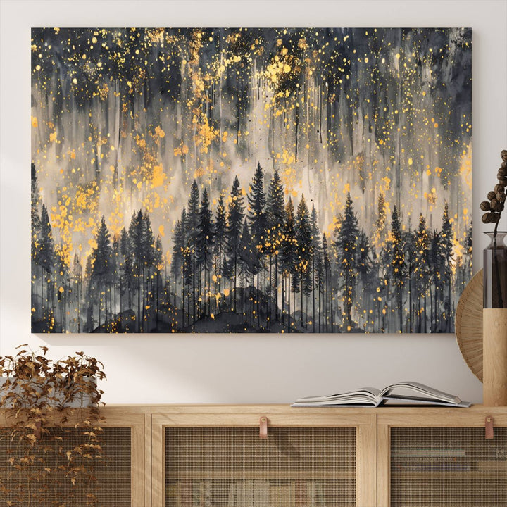 Golden Forest Abstract Wall Art | Dark Forest with Gold Splatter Accents | Triptych Ready to Hang Canvas Print for Modern Home Decor
