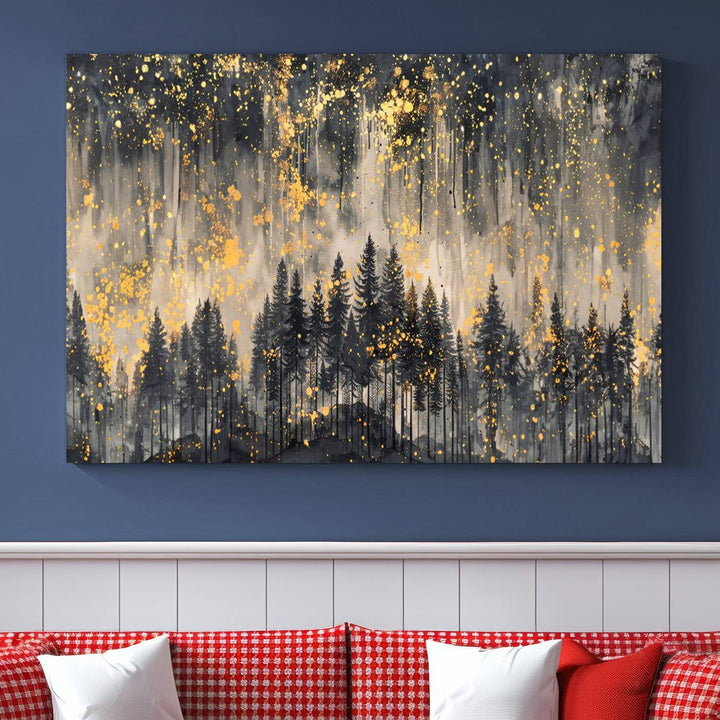 Golden Forest Abstract Wall Art | Dark Forest with Gold Splatter Accents | Triptych Ready to Hang Canvas Print for Modern Home Decor