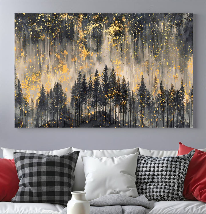 Golden Forest Abstract Wall Art | Dark Forest with Gold Splatter Accents | Triptych Ready to Hang Canvas Print for Modern Home Decor