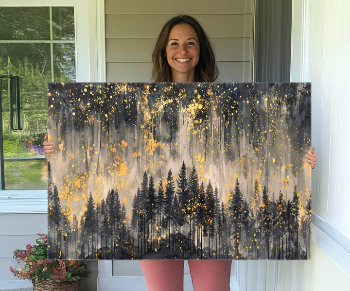 Golden Forest Abstract Wall Art | Dark Forest with Gold Splatter Accents | Triptych Ready to Hang Canvas Print for Modern Home Decor
