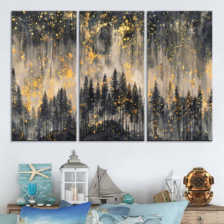 Golden Forest Abstract Wall Art | Dark Forest with Gold Splatter Accents | Triptych Ready to Hang Canvas Print for Modern Home Decor
