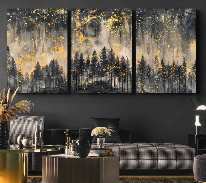 Golden Forest Abstract Wall Art | Dark Forest with Gold Splatter Accents | Triptych Ready to Hang Canvas Print for Modern Home Decor