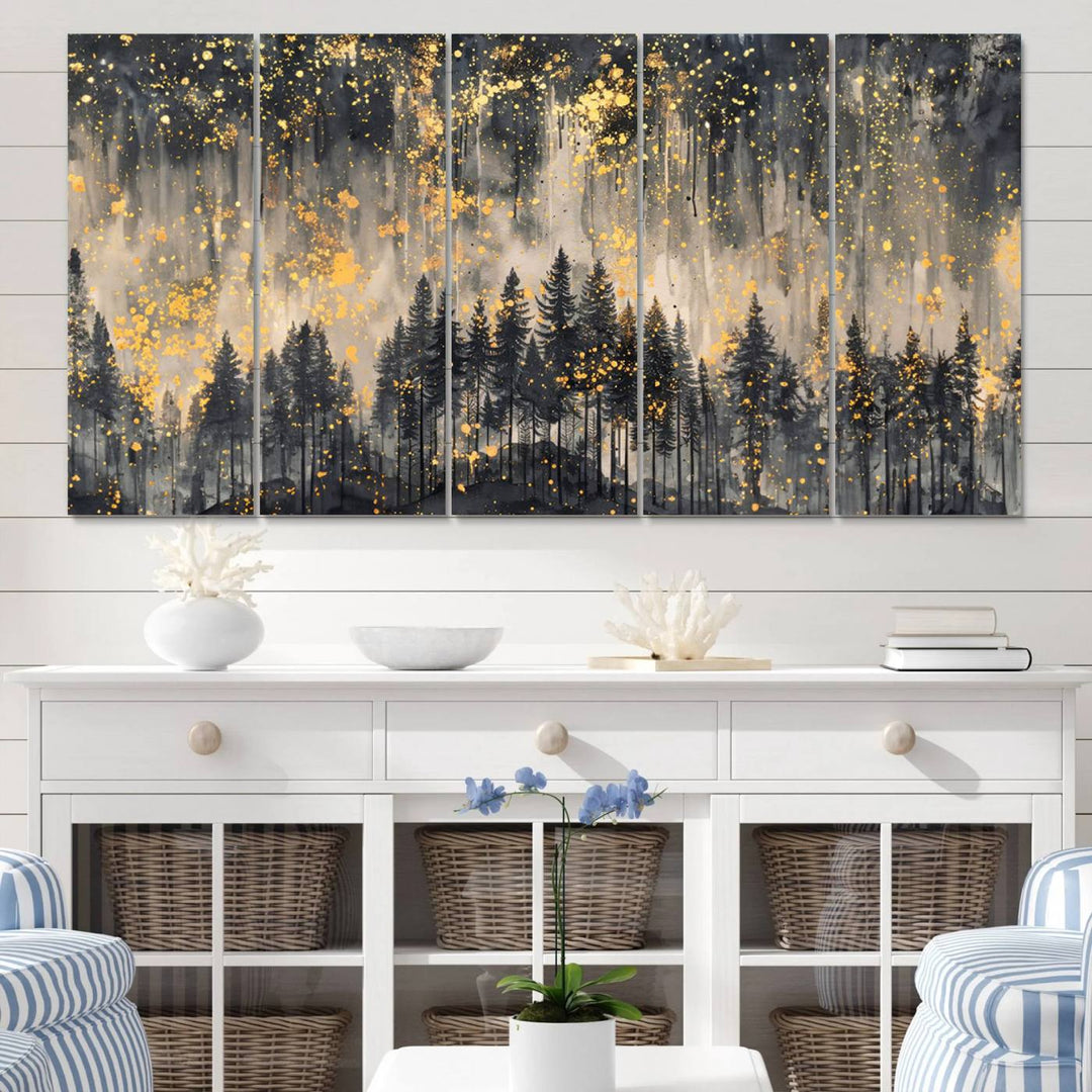 46049-MGV-CV-60X31-5P-Golden Forest Abstract Wall Art | Dark Forest with Gold Splatter Accents | Triptych Ready to Hang Canvas Print for Modern Home Decor
