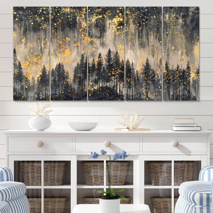 46049-MGV-CV-60X31-5P-Golden Forest Abstract Wall Art | Dark Forest with Gold Splatter Accents | Triptych Ready to Hang Canvas Print for Modern Home Decor