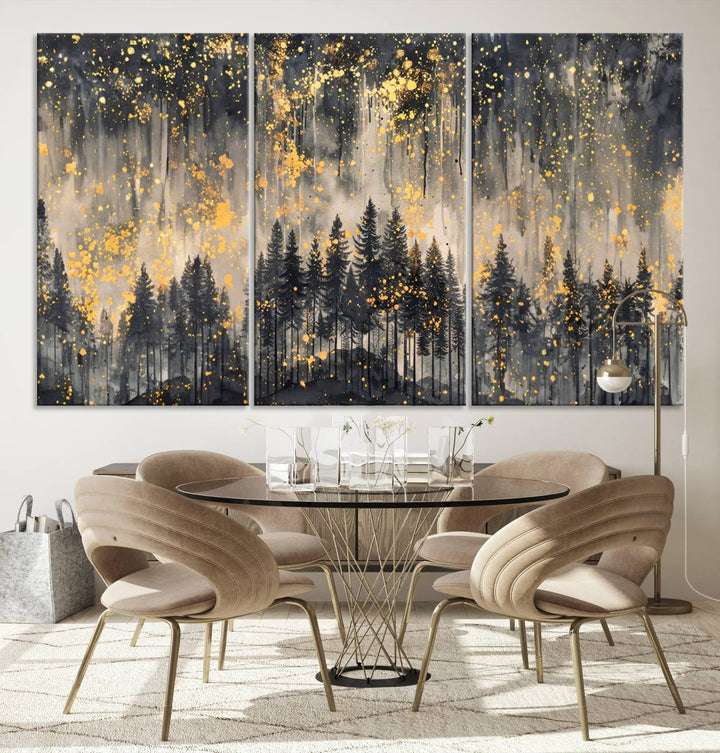 Golden Forest Abstract Wall Art | Dark Forest with Gold Splatter Accents | Triptych Ready to Hang Canvas Print for Modern Home Decor