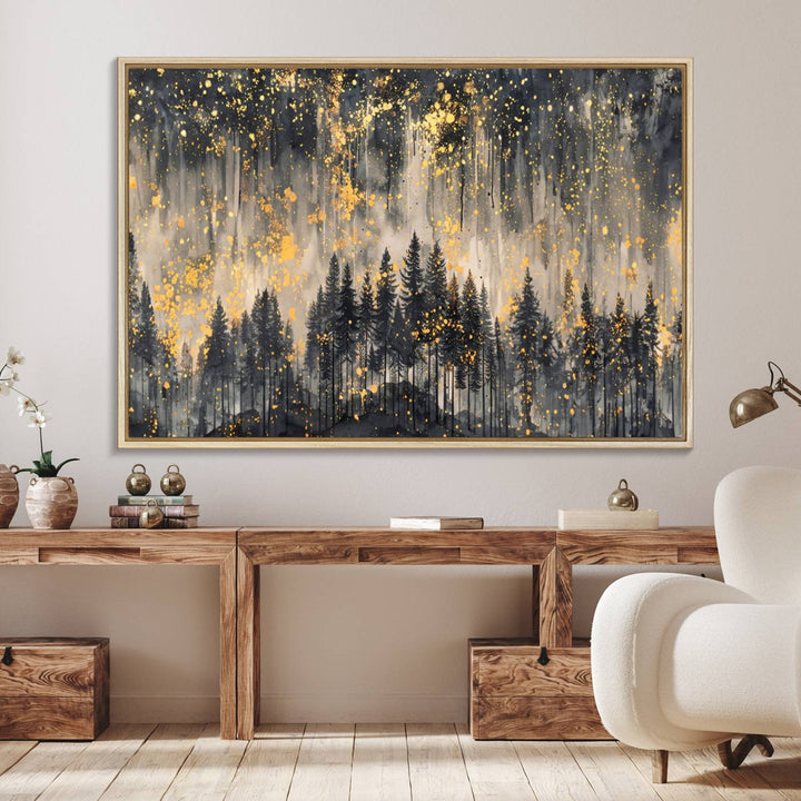 46049-MGV-FC-36X24_Natural-Golden Forest Abstract Wall Art | Dark Forest with Gold Splatter Accents | Triptych Ready to Hang Canvas Print for Modern Home Decor