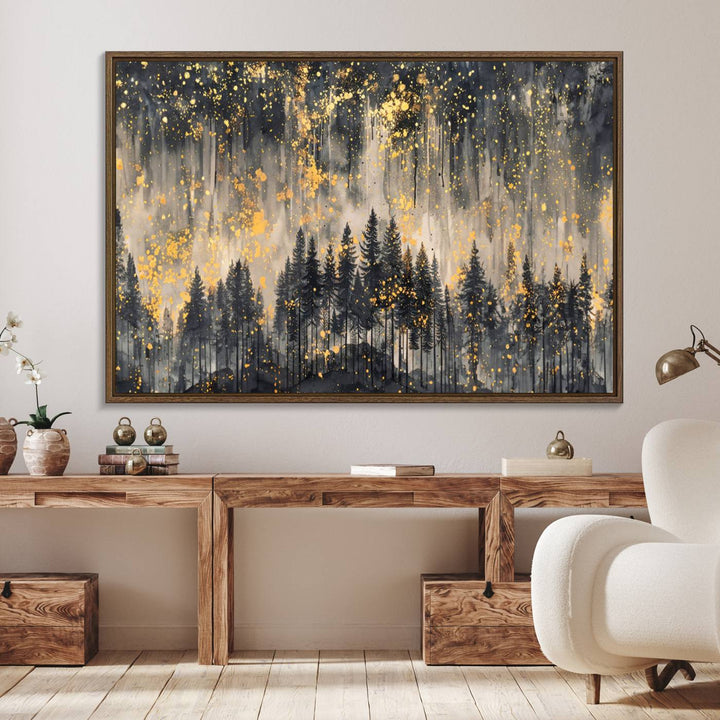 Golden Forest Abstract Wall Art | Dark Forest with Gold Splatter Accents | Triptych Ready to Hang Canvas Print for Modern Home Decor