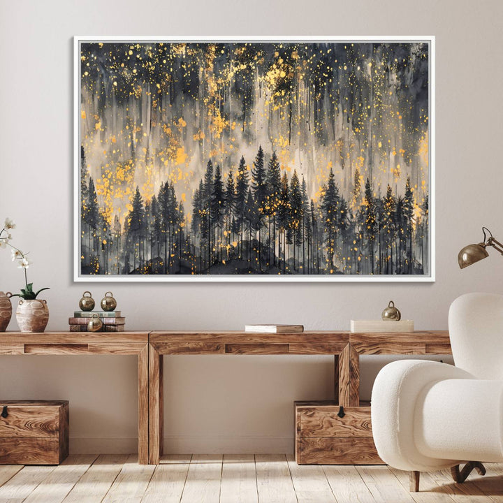 46049-MGV-FC-36X24_White-Golden Forest Abstract Wall Art | Dark Forest with Gold Splatter Accents | Triptych Ready to Hang Canvas Print for Modern Home Decor