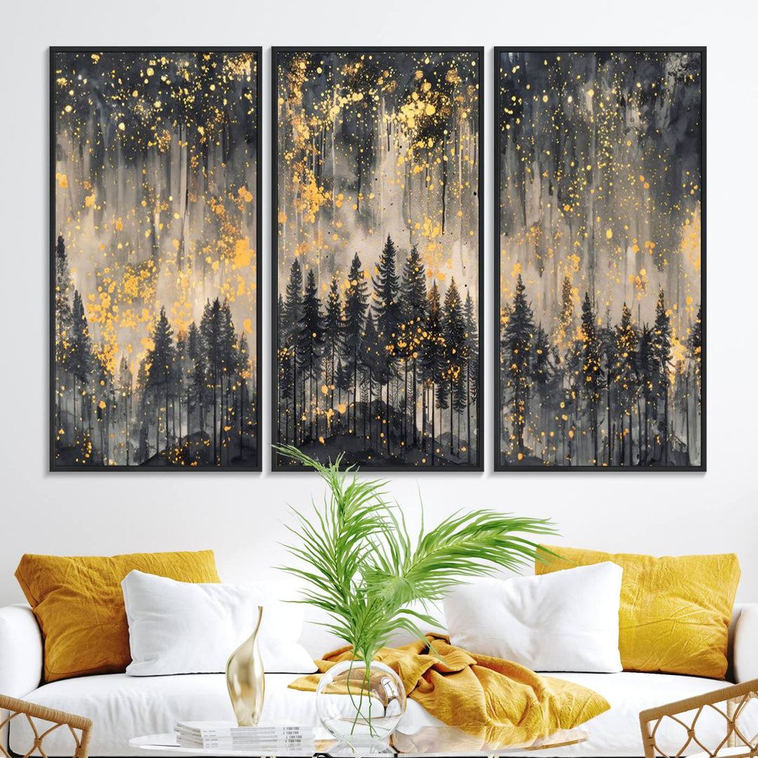 46049-MGV-FC-48X32-3P_Black-Golden Forest Abstract Wall Art | Dark Forest with Gold Splatter Accents | Triptych Ready to Hang Canvas Print for Modern Home Decor