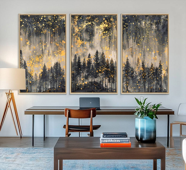 46049-MGV-FC-48X32-3P_Natural-Golden Forest Abstract Wall Art | Dark Forest with Gold Splatter Accents | Triptych Ready to Hang Canvas Print for Modern Home Decor