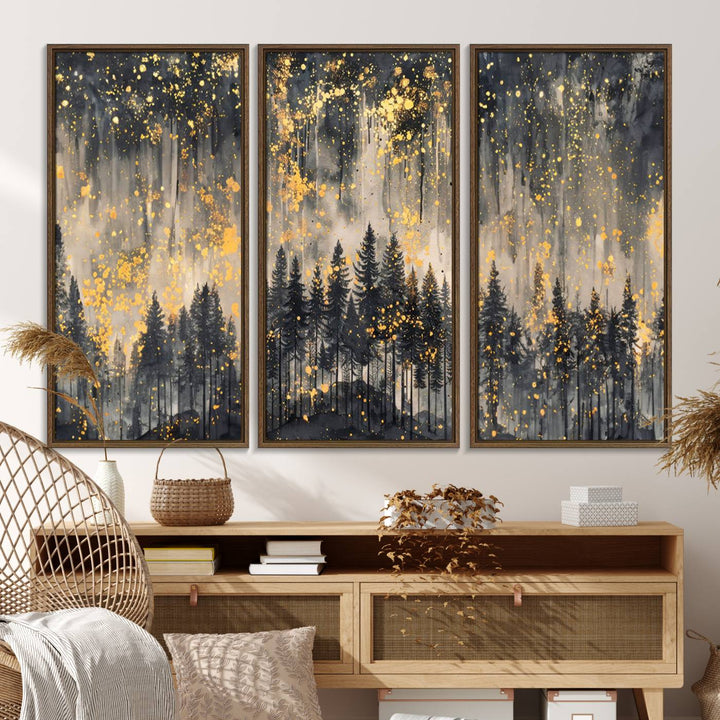 46049-MGV-FC-48X32-3P_Walnut-Golden Forest Abstract Wall Art | Dark Forest with Gold Splatter Accents | Triptych Ready to Hang Canvas Print for Modern Home Decor