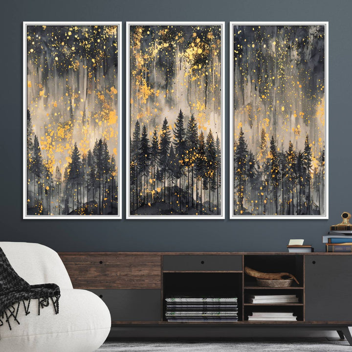 46049-MGV-FC-48X32-3P_White-Golden Forest Abstract Wall Art | Dark Forest with Gold Splatter Accents | Triptych Ready to Hang Canvas Print for Modern Home Decor