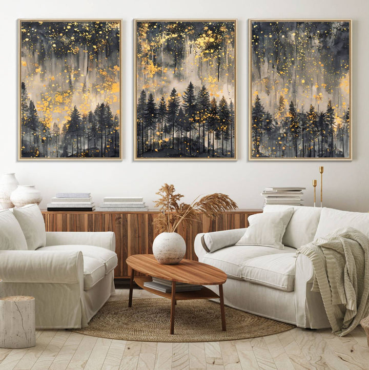 46049-MGV-FC-60X30-3P_Natural-Golden Forest Abstract Wall Art | Dark Forest with Gold Splatter Accents | Triptych Ready to Hang Canvas Print for Modern Home Decor