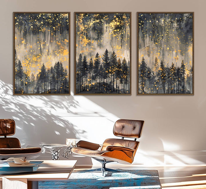 46049-MGV-FC-60X30-3P_Walnut-Golden Forest Abstract Wall Art | Dark Forest with Gold Splatter Accents | Triptych Ready to Hang Canvas Print for Modern Home Decor
