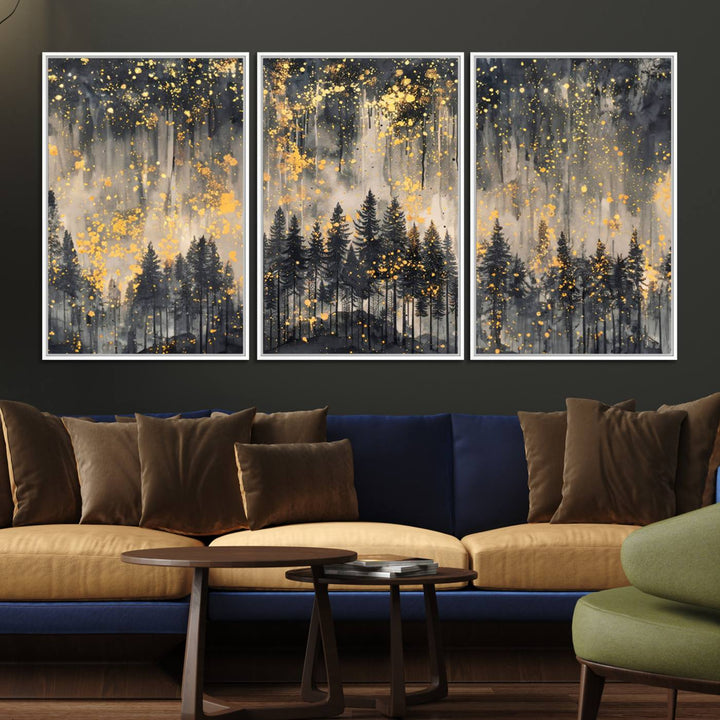 46049-MGV-FC-60X30-3P_White-Golden Forest Abstract Wall Art | Dark Forest with Gold Splatter Accents | Triptych Ready to Hang Canvas Print for Modern Home Decor