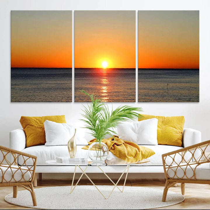 Golden Horizon Sunset Over Ocean Wall Art Canvas Print – Tropical Beach Canvas Wall Art – Giclee Print for Coastal Theme Decor Print