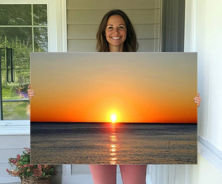 Golden Horizon Sunset Over Ocean Wall Art Canvas Print – Tropical Beach Canvas Wall Art – Giclee Print for Coastal Theme Decor Print