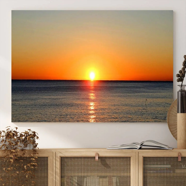 Golden Horizon Sunset Over Ocean Wall Art Canvas Print – Tropical Beach Canvas Wall Art – Giclee Print for Coastal Theme Decor Print
