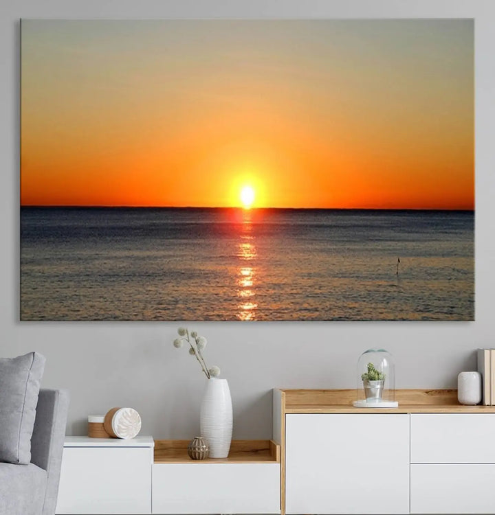 Golden Horizon Sunset Over Ocean Wall Art Canvas Print – Tropical Beach Canvas Wall Art – Giclee Print for Coastal Theme Decor Print