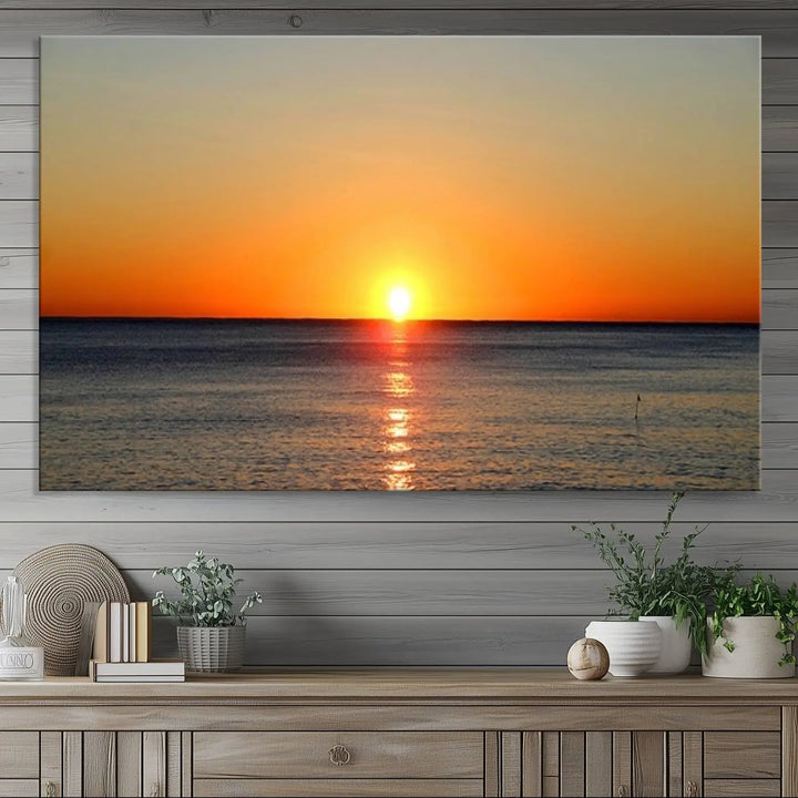 Golden Horizon Sunset Over Ocean Wall Art Canvas Print – Tropical Beach Canvas Wall Art – Giclee Print for Coastal Theme Decor Print