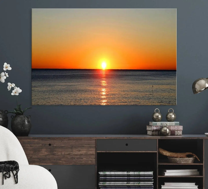 Golden Horizon Sunset Over Ocean Wall Art Canvas Print – Tropical Beach Canvas Wall Art – Giclee Print for Coastal Theme Decor Print
