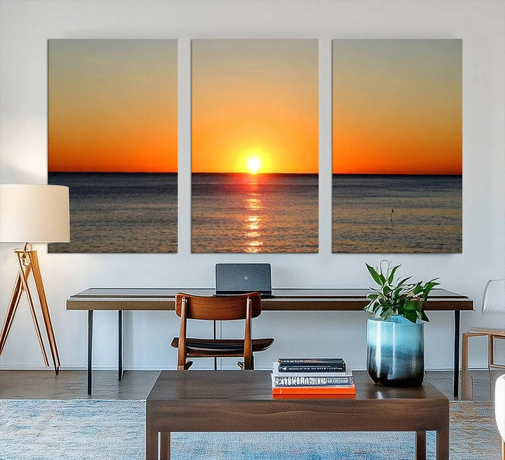 Golden Horizon Sunset Over Ocean Wall Art Canvas Print – Tropical Beach Canvas Wall Art – Giclee Print for Coastal Theme Decor Print