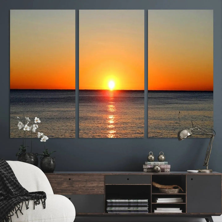 Golden Horizon Sunset Over Ocean Wall Art Canvas Print – Tropical Beach Canvas Wall Art – Giclee Print for Coastal Theme Decor Print