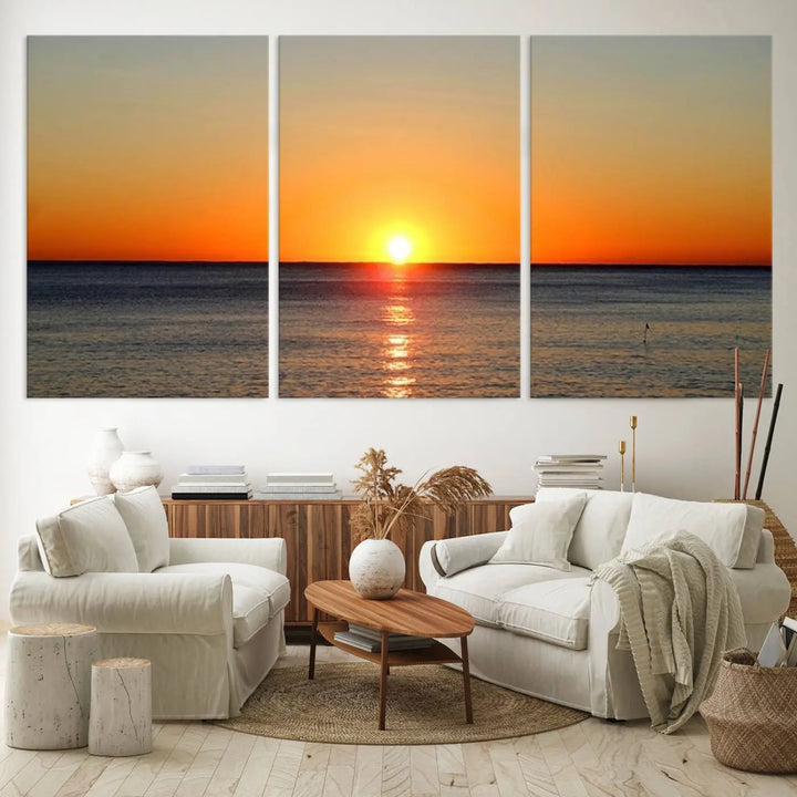 Golden Horizon Sunset Over Ocean Wall Art Canvas Print – Tropical Beach Canvas Wall Art – Giclee Print for Coastal Theme Decor Print