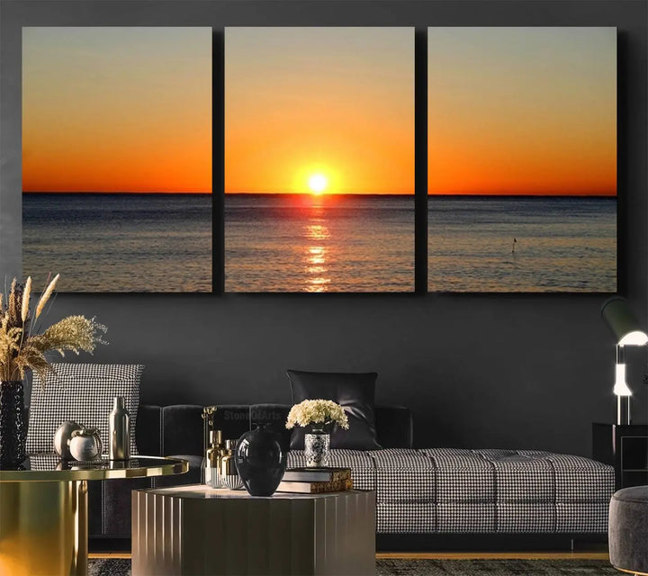 Golden Horizon Sunset Over Ocean Wall Art Canvas Print – Tropical Beach Canvas Wall Art – Giclee Print for Coastal Theme Decor Print