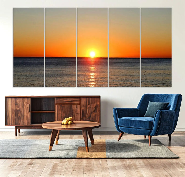 Golden Horizon Sunset Over Ocean Wall Art Canvas Print – Tropical Beach Canvas Wall Art – Giclee Print for Coastal Theme Decor Print