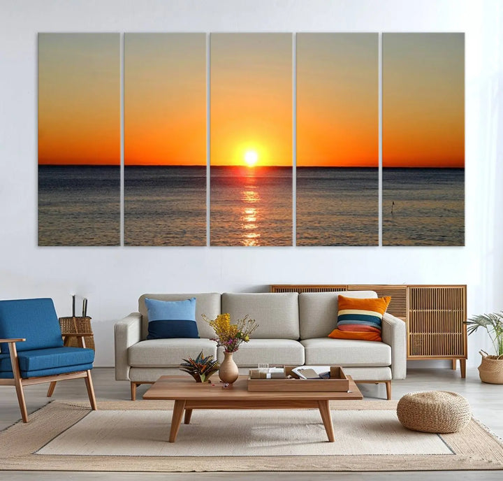 Golden Horizon Sunset Over Ocean Wall Art Canvas Print – Tropical Beach Canvas Wall Art – Giclee Print for Coastal Theme Decor Print
