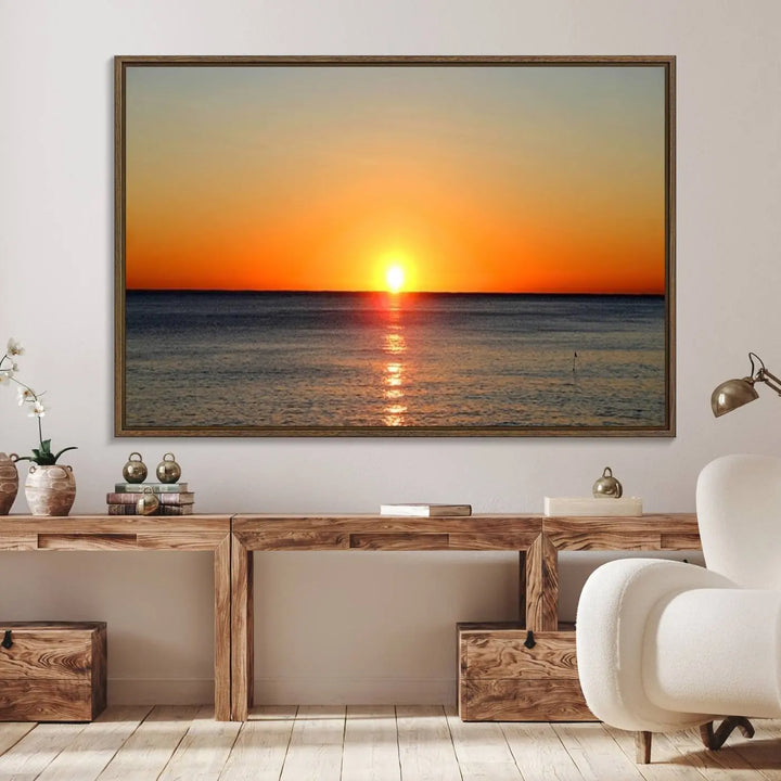 Golden Horizon Sunset Over Ocean Wall Art Canvas Print – Tropical Beach Canvas Wall Art – Giclee Print for Coastal Theme Decor Print