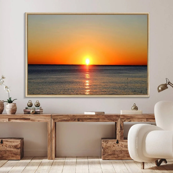 Golden Horizon Sunset Over Ocean Wall Art Canvas Print – Tropical Beach Canvas Wall Art – Giclee Print for Coastal Theme Decor Print