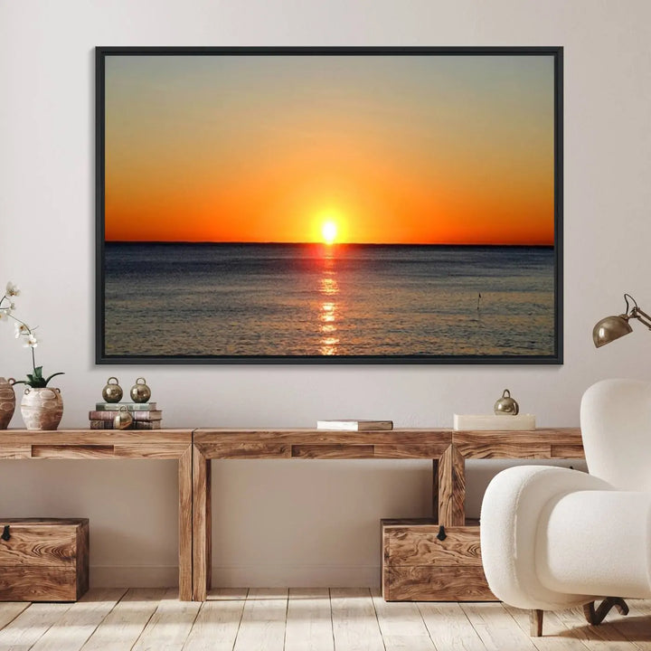 The kitchen features the Golden Horizon Ocean Wall Art, enhancing its coastal theme.