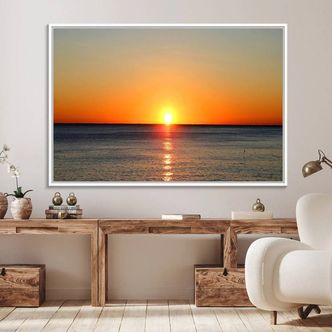 The kitchen features the Golden Horizon Ocean Wall Art, enhancing its coastal theme.