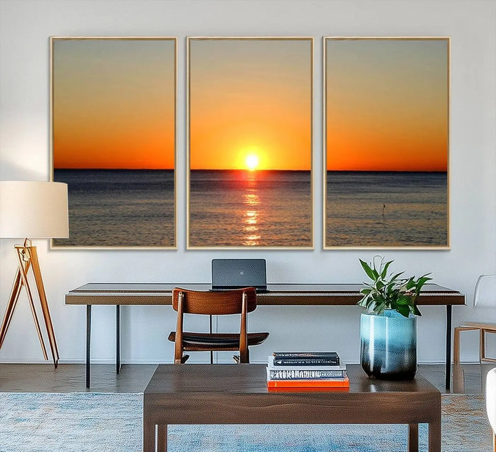 The kitchen features the Golden Horizon Ocean Wall Art, enhancing its coastal theme.