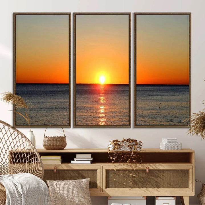 The kitchen features the Golden Horizon Ocean Wall Art, enhancing its coastal theme.