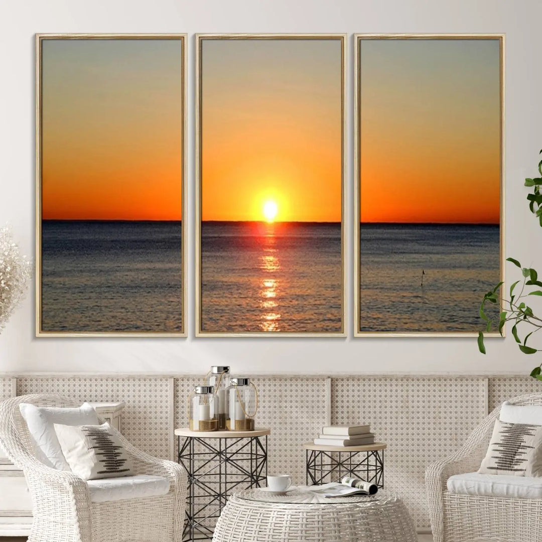 The kitchen features the Golden Horizon Ocean Wall Art, enhancing its coastal theme.