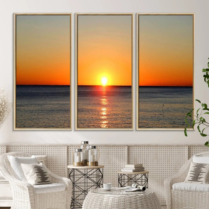 The kitchen features the Golden Horizon Ocean Wall Art, enhancing its coastal theme.