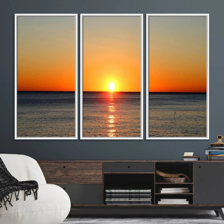 The kitchen features the Golden Horizon Ocean Wall Art, enhancing its coastal theme.