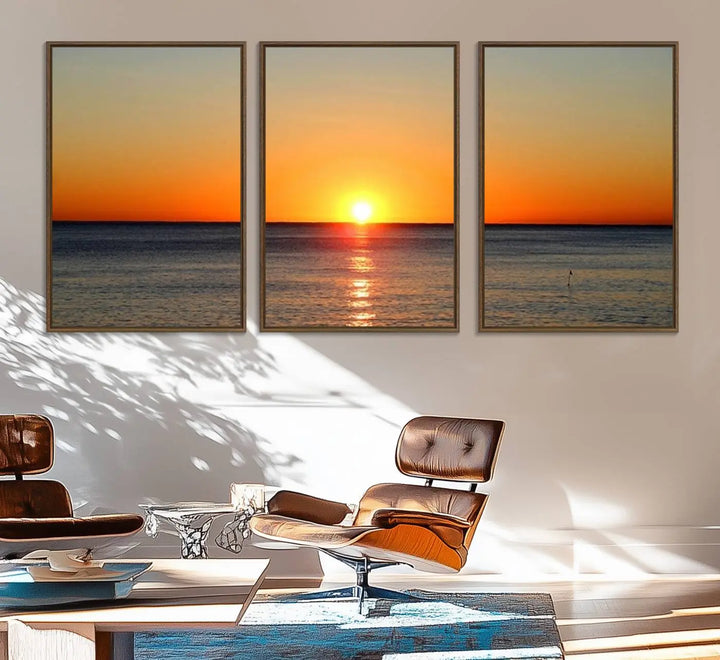 The kitchen features the Golden Horizon Ocean Wall Art, enhancing its coastal theme.