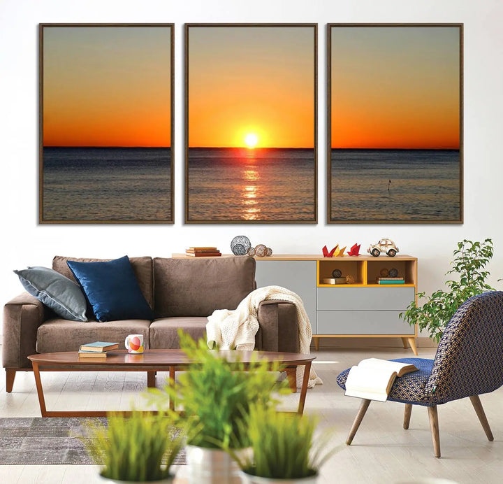The kitchen features the Golden Horizon Ocean Wall Art, enhancing its coastal theme.