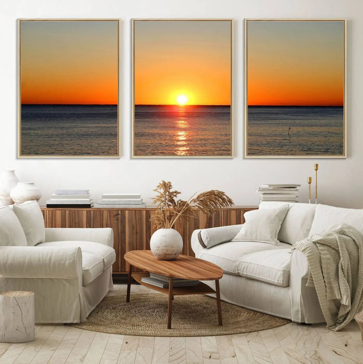 The kitchen features the Golden Horizon Ocean Wall Art, enhancing its coastal theme.