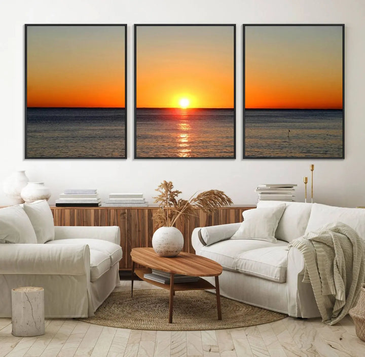 The kitchen features the Golden Horizon Ocean Wall Art, enhancing its coastal theme.