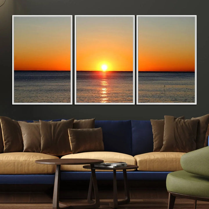 The kitchen features the Golden Horizon Ocean Wall Art, enhancing its coastal theme.