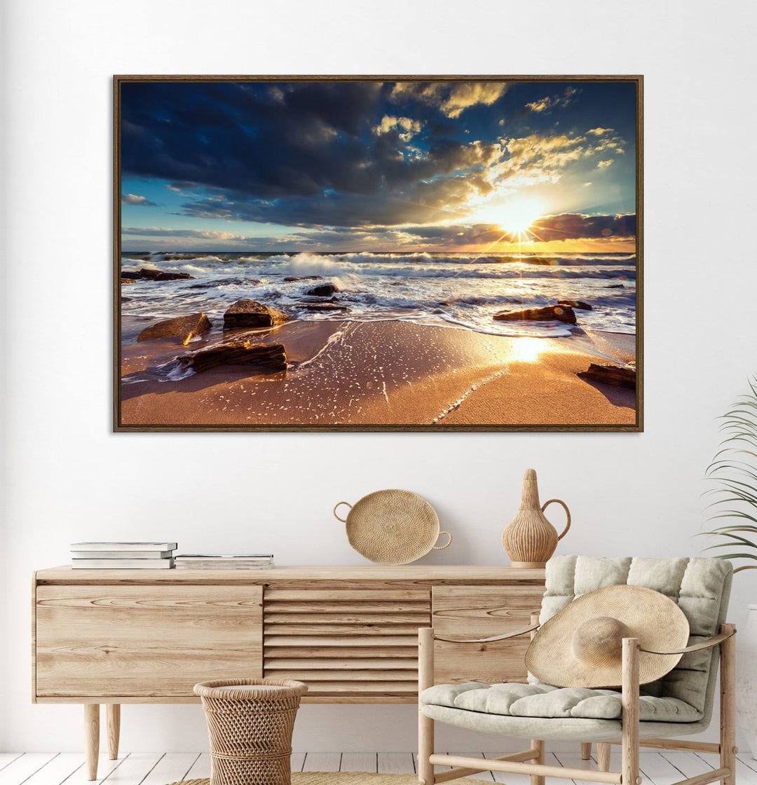 Golden Hour Beach Sunset Canvas Triptych, Ocean Waves and Rocks Wall Art for Coastal Home Decor