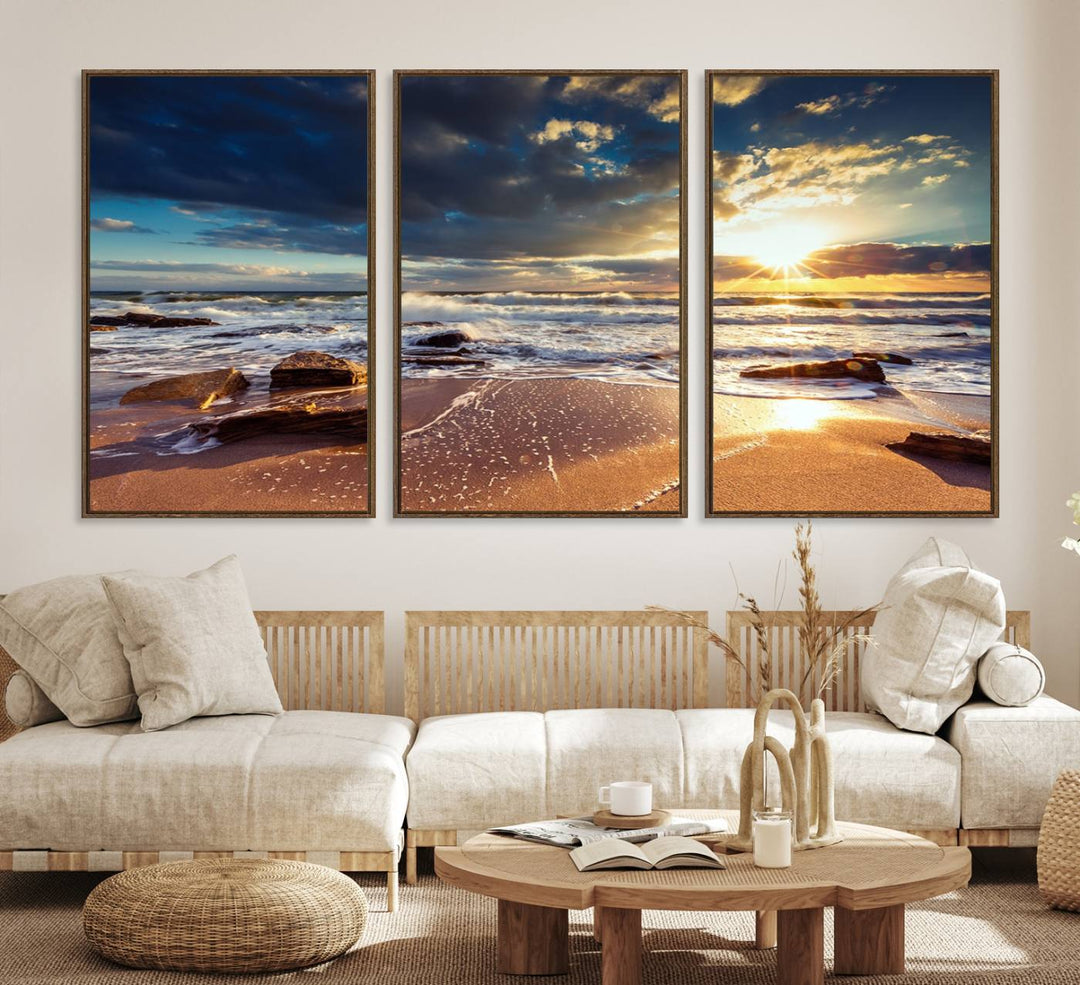Golden Hour Beach Sunset Canvas Triptych, Ocean Waves and Rocks Wall Art for Coastal Home Decor