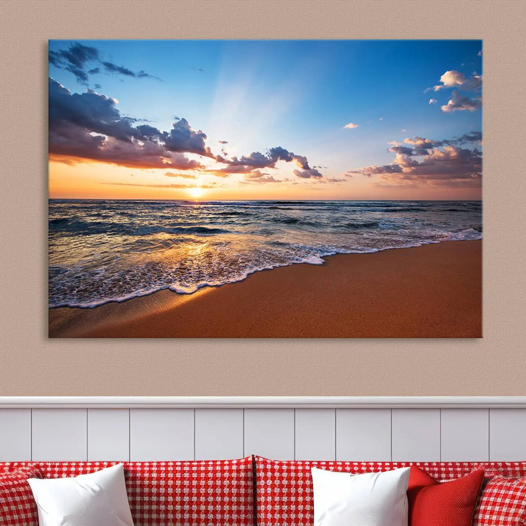 A Golden Hour Beach Sunset wall art canvas print decorates the wall in the bright room.